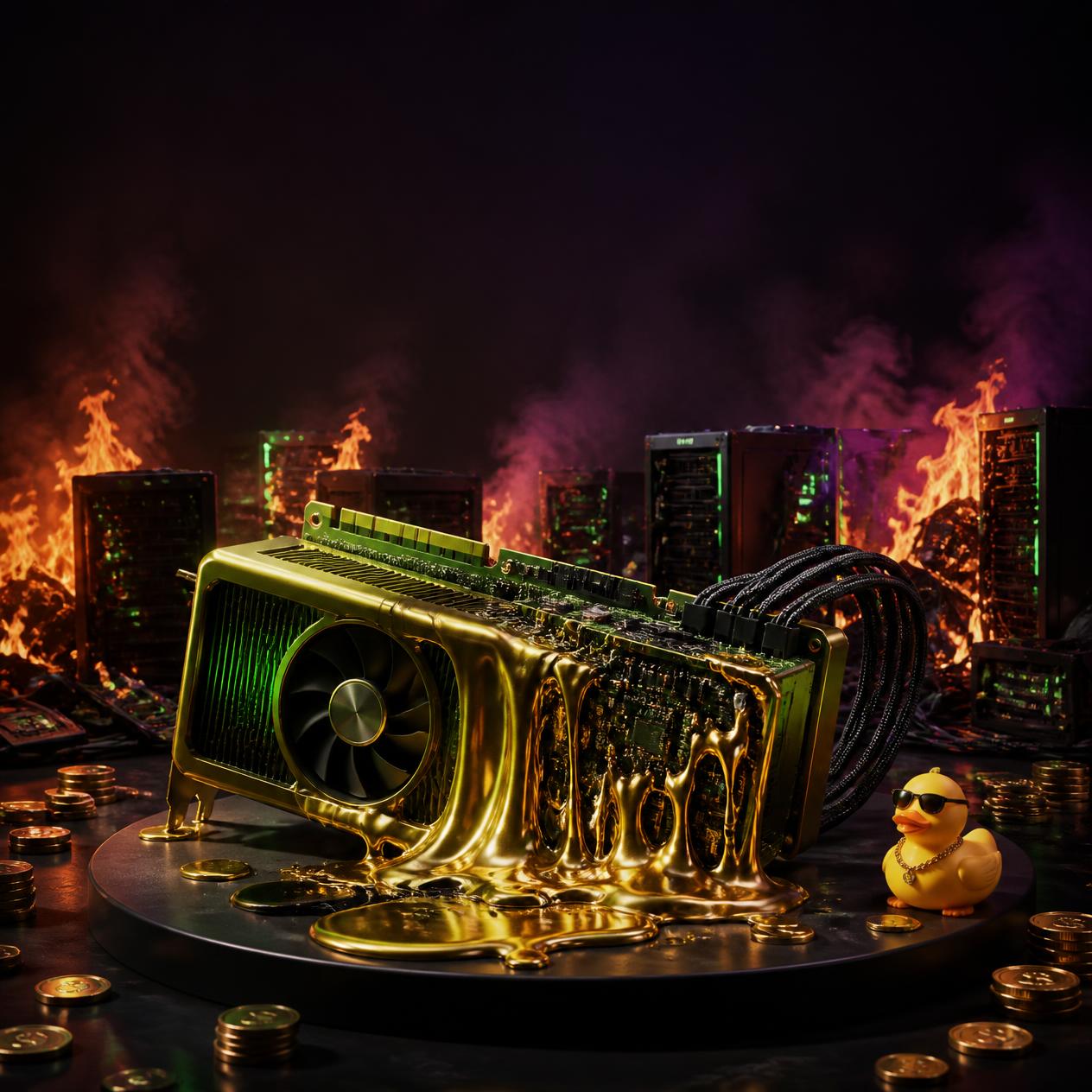 Cinematic rendered gold-and-green GPU melting in front of burning server racks, supervised by a rubber duck in sunglasses